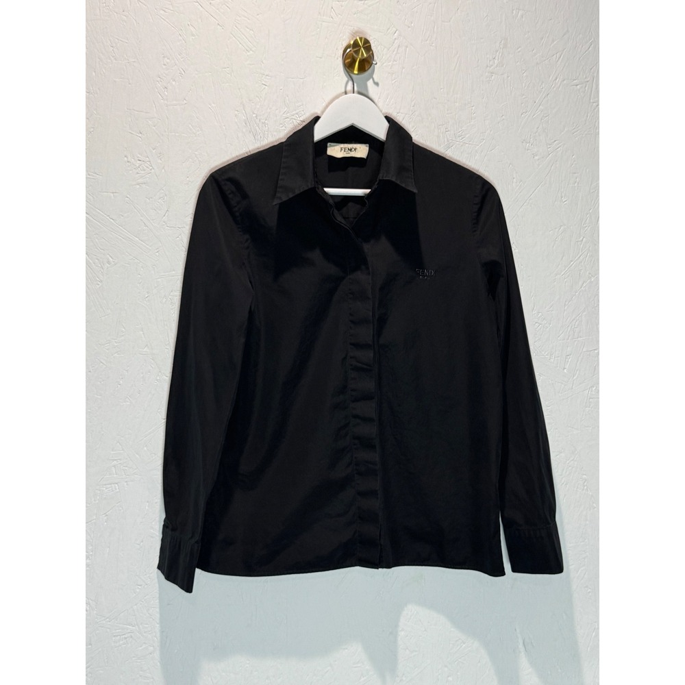 Fendi Roma Embroidered Black Cotton Button Up Shirt Italy IT 38 US 2 FS8119